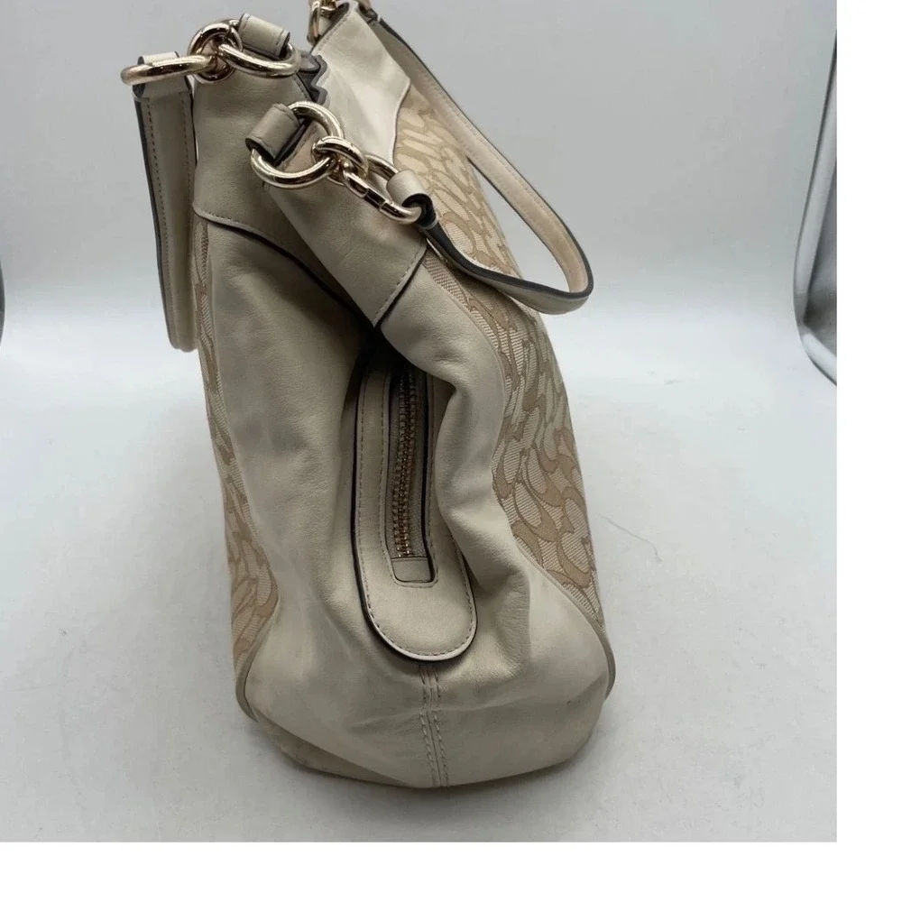 Coach Signature Jacquard Leather Hobo Bag Cream Beige Gold Hardware